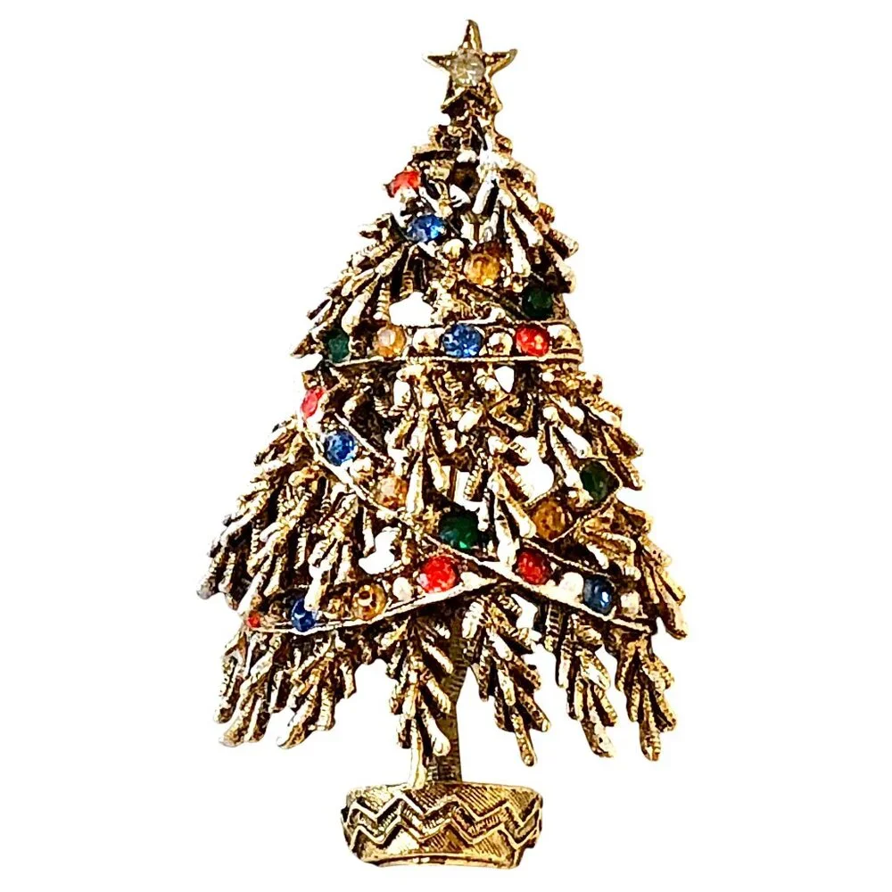 ART Arthur Pepper Vintage Christmas Tree Brooch Rhinestones & Beads Snow Signed